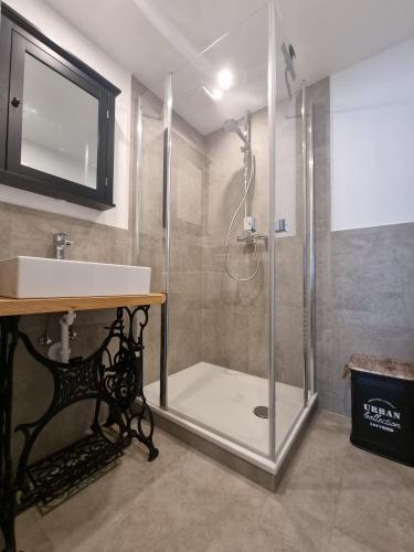 a bathroom with a shower and a sink at Ferienhaus Am Fehntjer Tief in Emden