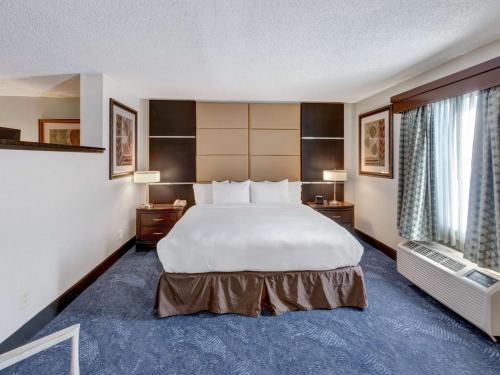 DoubleTree by Hilton Wichita Airport في ويتشيتا: غرفة فندقية بسرير كبير ونافذة