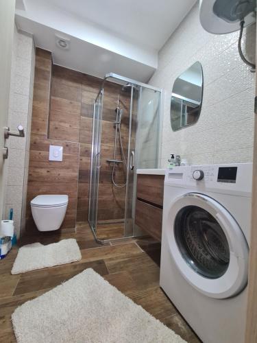 a bathroom with a shower and a washing machine at Casa M 1 in Donja Lastva