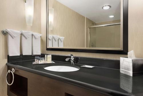 a bathroom with a sink and a mirror at DoubleTree by Hilton Wichita Airport in Wichita