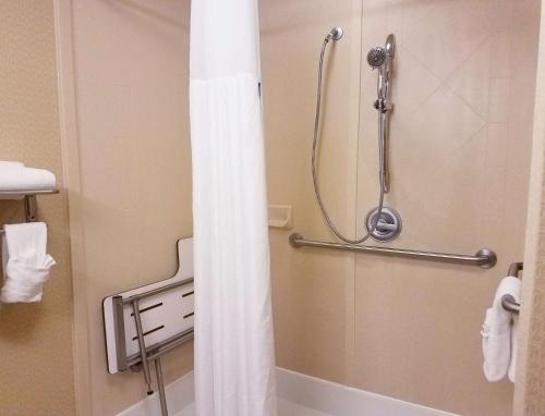 a bathroom with a shower with a white shower curtain at Hampton Inn & Suites Indianapolis-Airport in Indianapolis