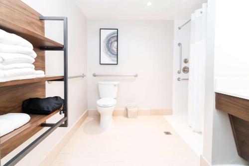 La salle de bains blanche est pourvue de toilettes et d'un lavabo. dans l'établissement Hilton Garden Inn Fairfax, à Fairfax