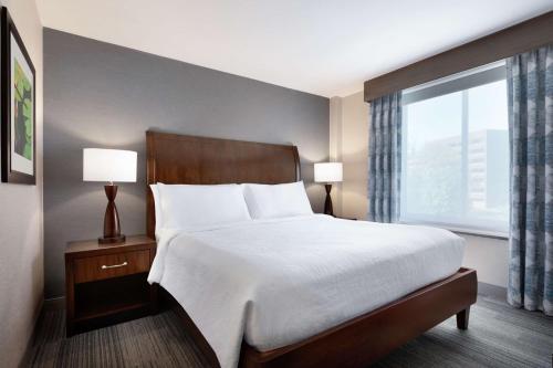 a bedroom with a bed and a large window at Hilton Garden Inn Stony Brook in Stony Brook