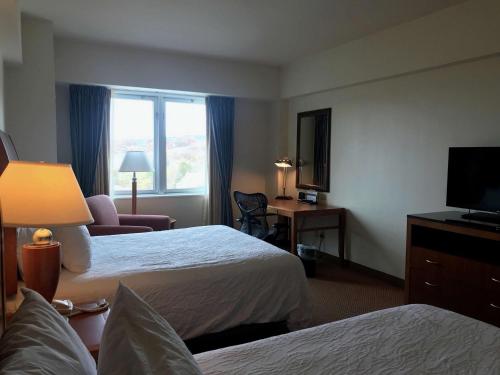 a hotel room with two beds and a television at Hilton Garden Inn Ithaca in Ithaca