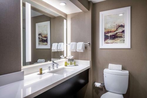 a bathroom with a sink and a toilet and a mirror at DoubleTree by Hilton Los Angeles Norwalk in Norwalk