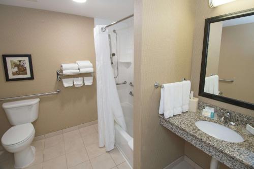 Hilton Garden Inn Lexington Georgetown في جورجتاون: حمام مع مرحاض ومغسلة ودش