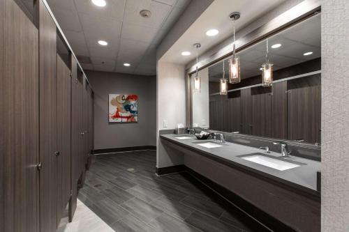 a bathroom with two sinks and a large mirror at Hilton Garden Inn Lynchburg in Lynchburg