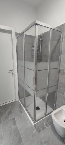La salle de bains est pourvue d'une douche en verre et d'un lavabo. dans l'établissement Da Nani, à Lezzeno