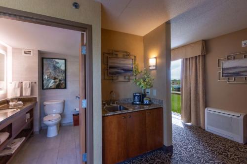 a bathroom with a toilet and a sink at DoubleTree by Hilton Bay City - Riverfront in Bay City