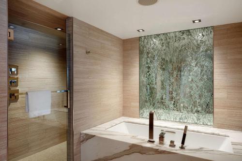 La salle de bains est pourvue d'une baignoire et d'une douche. dans l'établissement Hilton McLean Tysons Corner, à Tysons Corner