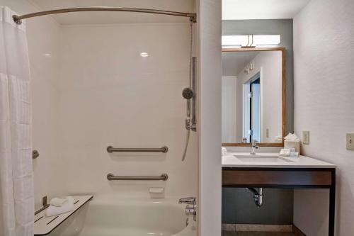 Hilton Garden Inn Mobile East Bay / Daphne في دافني: حمام مع حوض استحمام ومغسلة