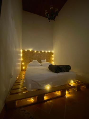 Un dormitorio con una cama con luces. en banana hostel, en Bogotá