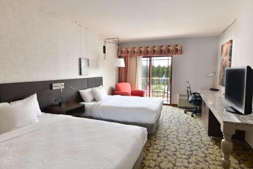 una camera d'albergo con due letti e una televisione di Hilton Garden Inn Wisconsin Dells a Wisconsin Dells