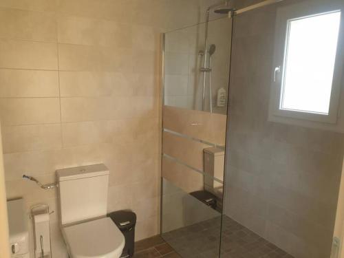 une salle de bain avec toilettes et douche en verre dans l'établissement appartement villa florecita, à Labenne