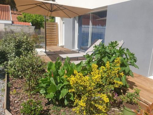- un jardin avec des fleurs jaunes et un parasol dans l'établissement appartement villa florecita, à Labenne