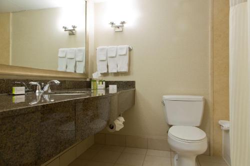 a bathroom with a toilet and a sink and a mirror at DoubleTree by Hilton St Paul Downtown in Saint Paul
