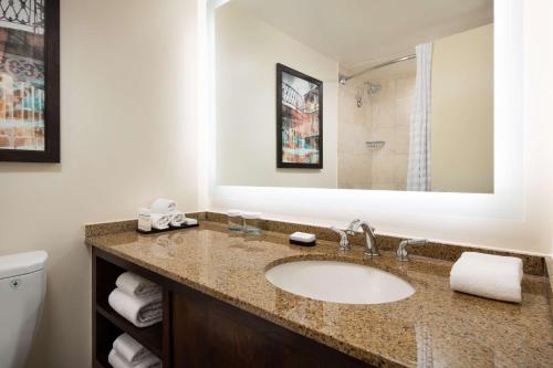 W łazience znajduje się umywalka, toaleta i lustro. w obiekcie Embassy Suites by Hilton New Orleans Convention Center w Nowym Orleanie