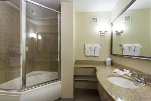 y baño con lavabo, ducha y bañera. en Hilton Garden Inn Fairfield en Fairfield