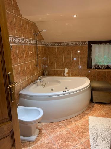 a bathroom with a tub and a toilet in it at "Jurkówka" in Szczyrk