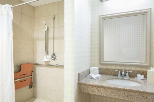 a bathroom with a sink and a shower at Hilton Garden Inn Omaha West in Omaha