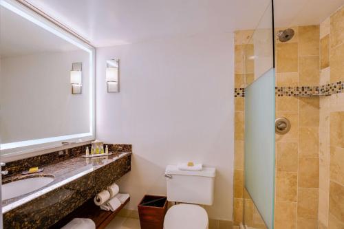 een badkamer met een toilet, een wastafel en een douche bij DoubleTree Suites by Hilton Hotel & Conference Center Chicago-Downers Grove in Downers Grove