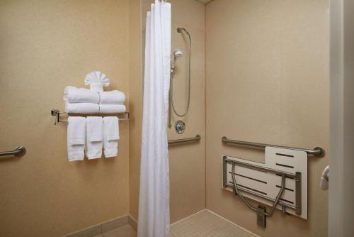 a bathroom with a shower and white towels at Hilton Garden Inn Newport News in Newport News