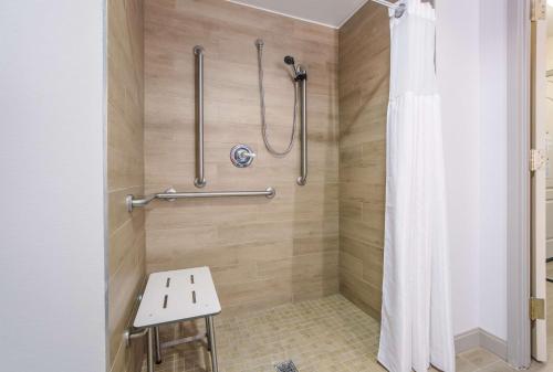 y baño con ducha y banco. en Hilton Garden Inn Suffolk Riverfront, en Suffolk