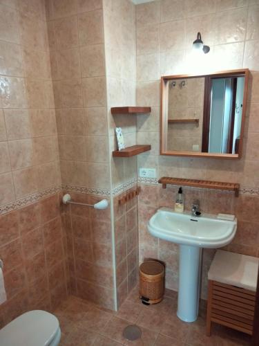 a bathroom with a sink and a toilet and a mirror at Apartamento Laguna in Ribadeo