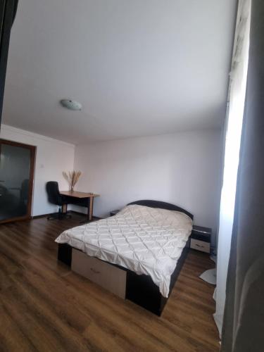 um quarto com uma cama e uma secretária num quarto em Apartament central em Piteşti
