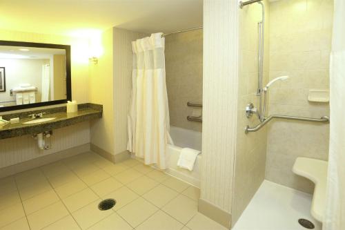 y baño con ducha y lavamanos. en Hilton Garden Inn Chesapeake/Suffolk en Suffolk