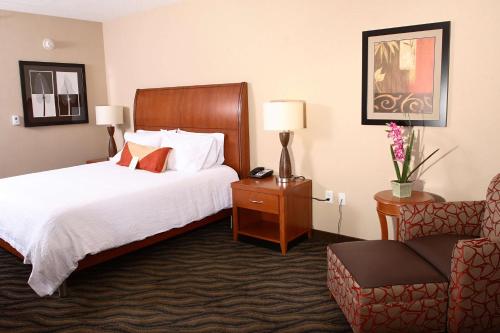 um quarto de hotel com uma cama e uma cadeira em Hilton Garden Inn Chesapeake/Suffolk em Suffolk