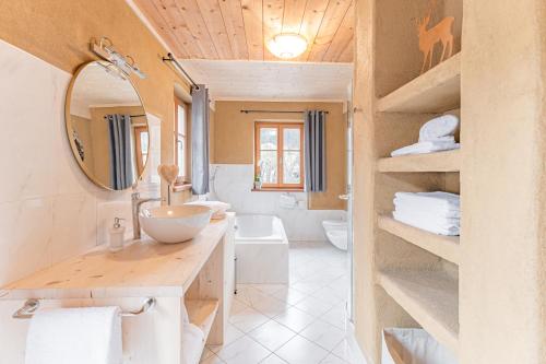 a bathroom with a sink and a toilet at Eco Chalet Olival in Braies
