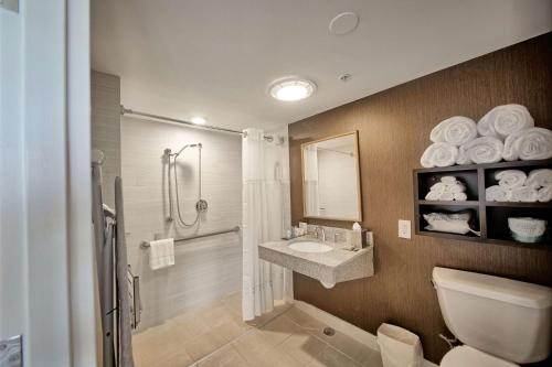 La salle de bains est pourvue de toilettes, d'un lavabo et d'une douche. dans l'établissement DoubleTree by Hilton Portland, ME, à South Portland