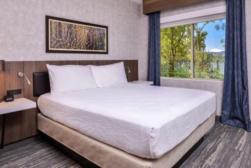 ein Schlafzimmer mit einem großen Bett und einem Fenster in der Unterkunft Hilton Garden Inn Bend in Bend