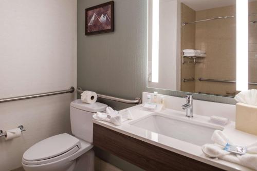 a bathroom with a toilet and a sink and a mirror at Hilton Garden Inn Bend in Bend
