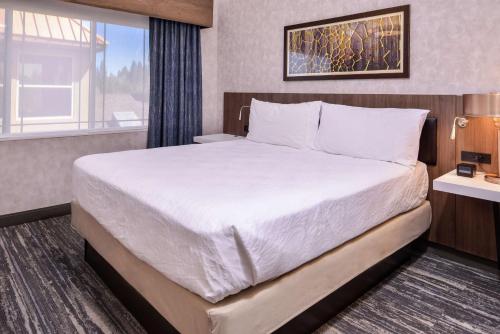 a hotel room with a large bed and a window at Hilton Garden Inn Bend in Bend