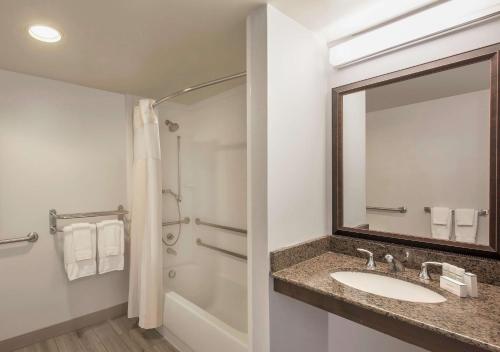 ein Bad mit einem Waschbecken, einer Dusche und einem Spiegel in der Unterkunft Hilton Garden Inn Richmond Innsbrook in Short Pump