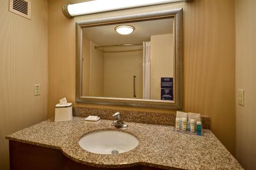 a bathroom with a sink and a large mirror at Hampton Inn Rutland/Killington in Rutland