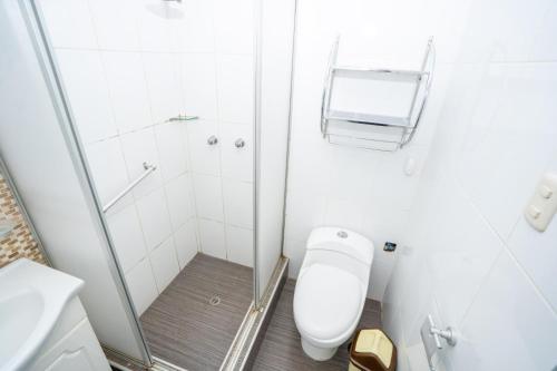a white bathroom with a shower and a toilet at GOLD INFINITY in Tacna