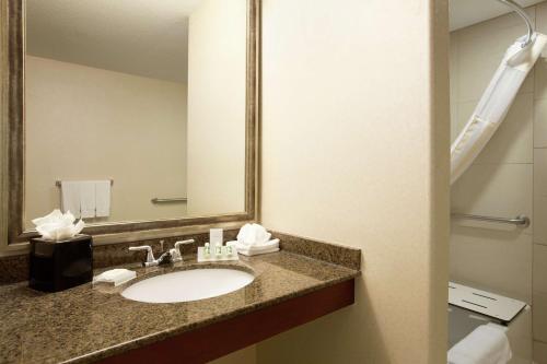 a bathroom with a sink and a mirror at Hilton Garden Inn New Braunfels in New Braunfels