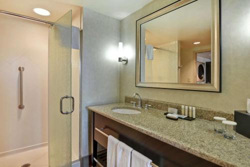 a bathroom with a sink and a mirror and a shower at Embassy Suites Savannah Airport in Savannah