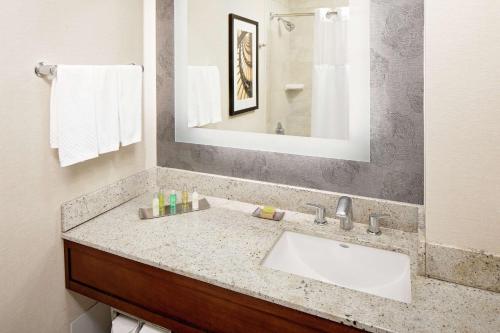 a bathroom with a sink and a mirror at DoubleTree by Hilton Hotel South Bend in South Bend