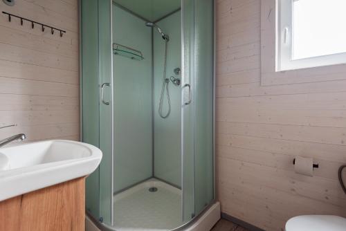 a bathroom with a shower and a sink at Paukšcių takas Vertikalė poilsio namai in Šventoji