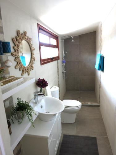 a bathroom with a sink and a toilet and a mirror at Simona Stone House in Polis Chrysochous