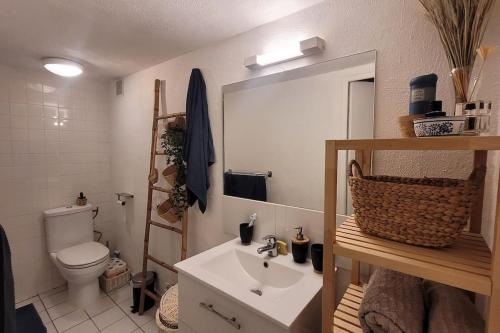 y baño con lavabo, aseo y espejo. en Appartement duplex sur les toits d'Aix avec terrasse ensoleillée, en Aix-en-Provence