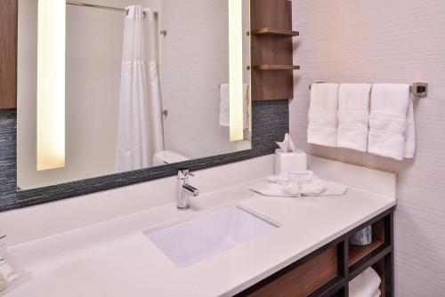 La salle de bains est pourvue d'un lavabo et d'un miroir. dans l'établissement Hilton Garden Inn Salt Lake City Downtown, à Salt Lake City