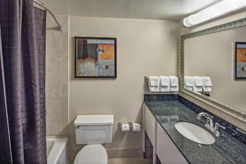 a bathroom with a toilet and a sink and a mirror at Hilton Sacramento Arden West in Sacramento