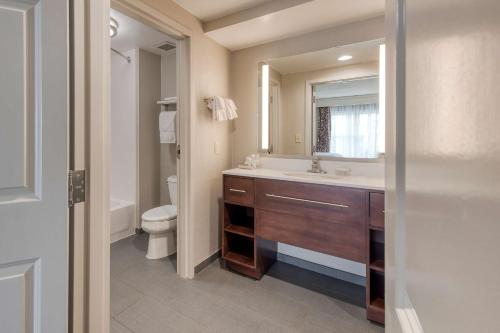 La salle de bains est pourvue d'un lavabo, de toilettes et d'un miroir. dans l'établissement Homewood Suites by Hilton Olmsted Village, à Pinehurst