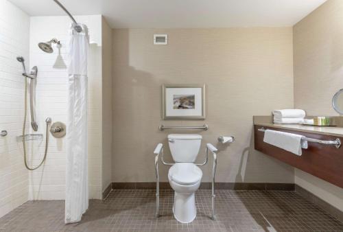 a bathroom with a toilet and a shower at Hilton Saint John in Saint John