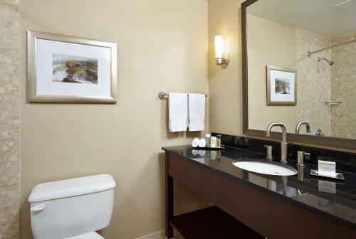 a bathroom with a toilet and a sink and a mirror at Hilton Saint John in Saint John